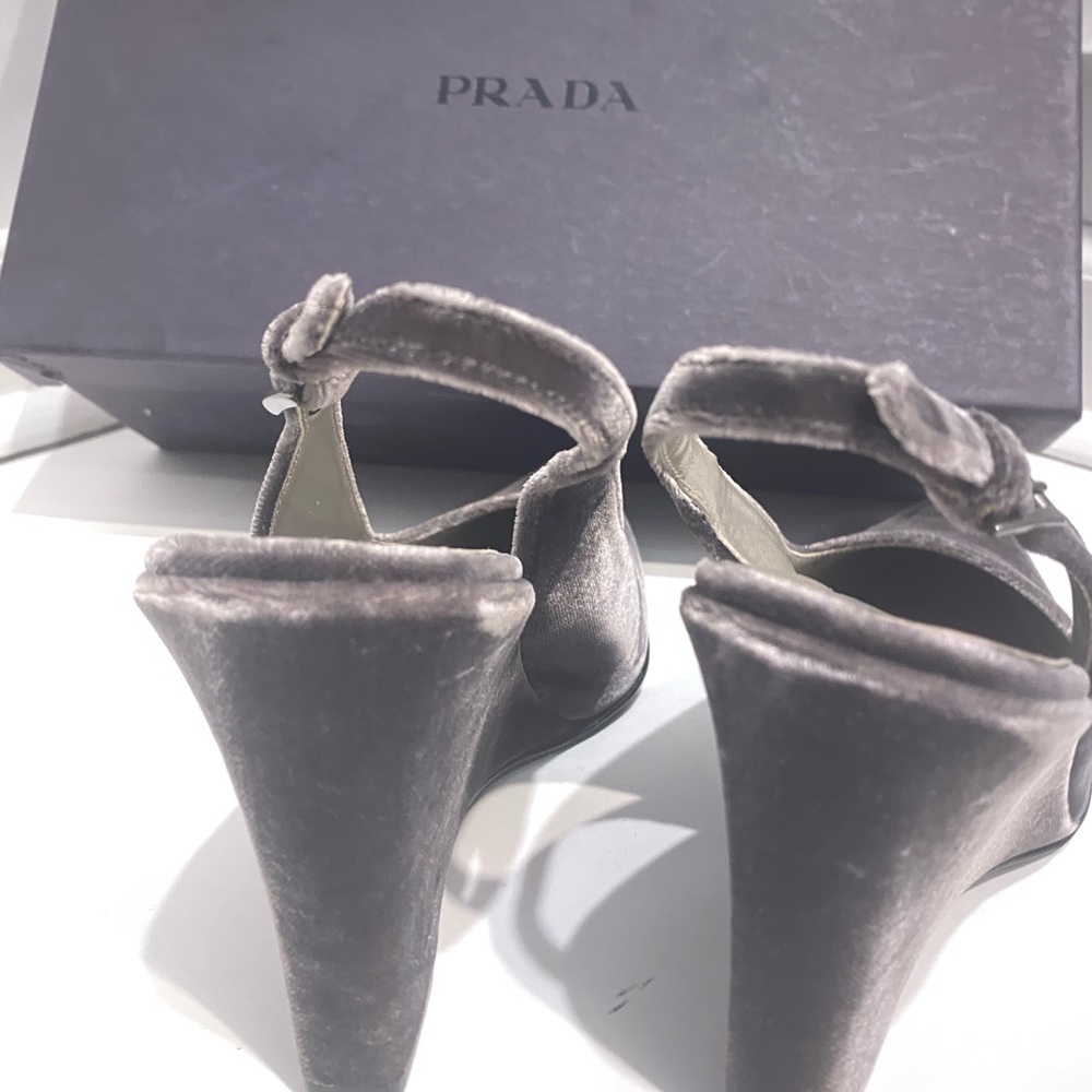 Prada Vintage Velvet Wedge Slingbacks in Graphite Grey - Picture 7 of 13
